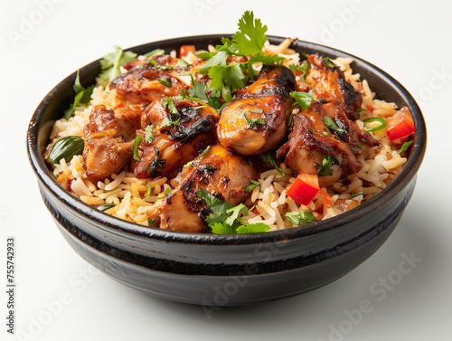 Chicken biryani isolated on white background. Cooked with selected spices with a traditional recipe.