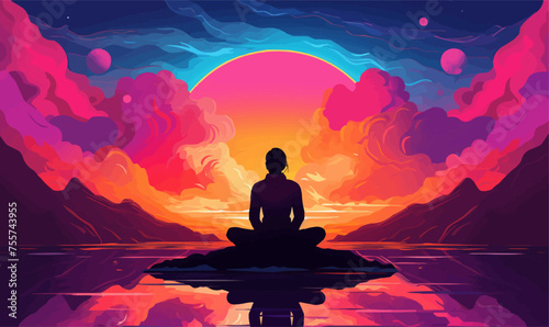 Meditation Under Psychedelic Skies isolated vector style illustration