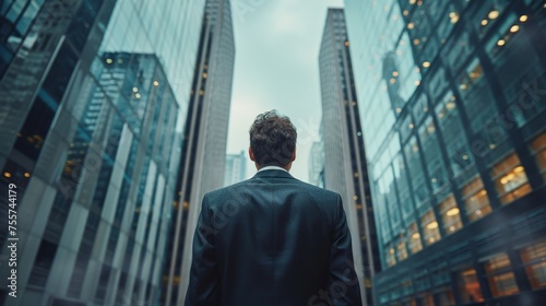 A Businessman In A Financial District With Skyscrapers