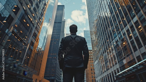 A Businessman In A Financial District With Skyscrapers