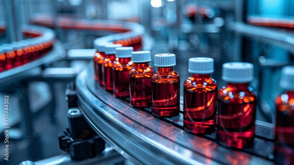 Pharmaceutical factory production line with medical vials in manufacturing process Pharmaceutical factory production line with medical vials in manufacturing process