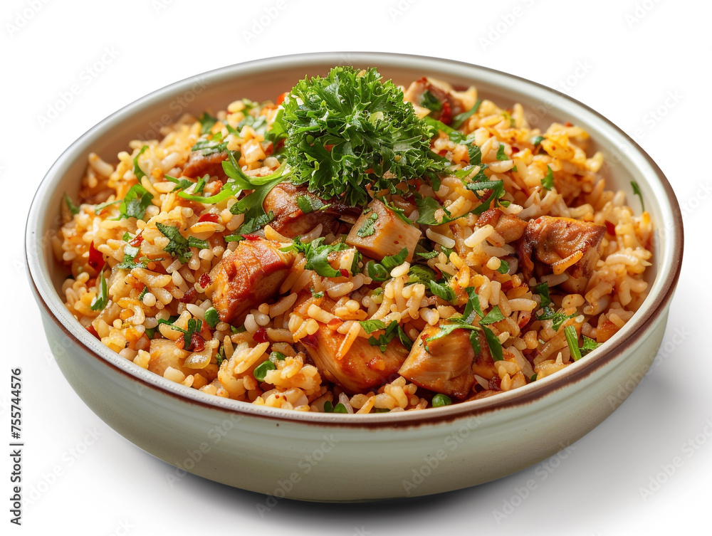 Chicken biryani isolated on white background. Cooked with selected spices with a traditional recipe.