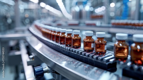 Pharmaceutical factory production line with medical vials in manufacturing process