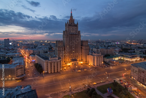 Ministry of Foreign Affairs building with illumination during sunset in Moscow, Russia