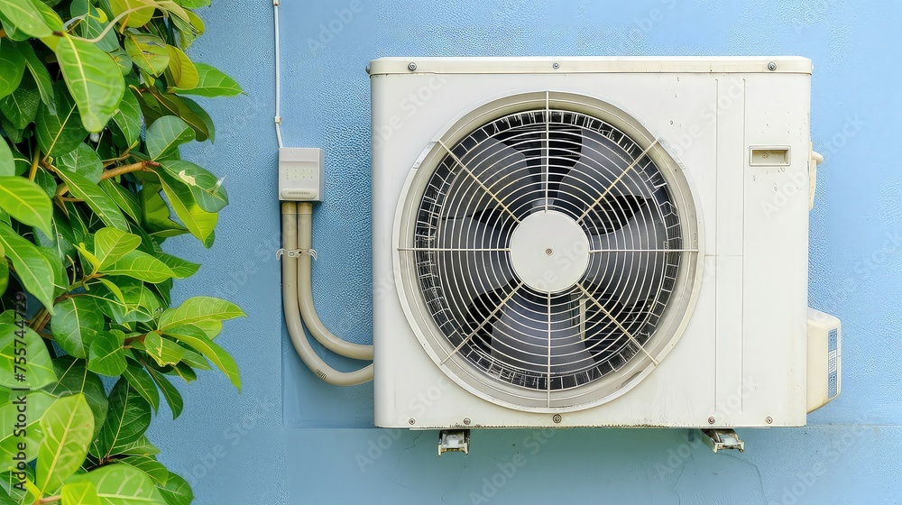 Sustainable living: This air heat pump helps you reduce energy consumption without sacrificing comfort. Air heat pump for cooling or heating a house on the wall of a building. Sustainable living: This air heat pump helps you reduce energy consumption without sacrificing comfort. Air heat pump for cooling or heating a house on the wall of a building.