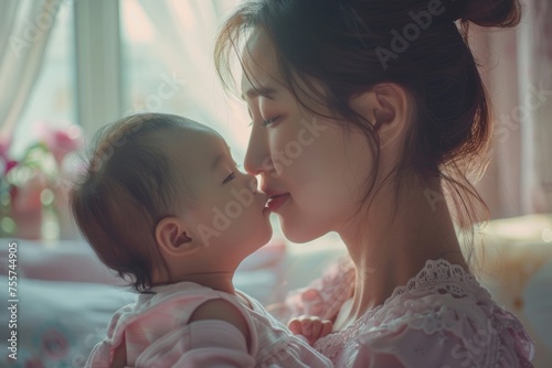 Asian mother shares tender moment with newborn, gently kissing and embracing her baby in a loving display of motherhood.