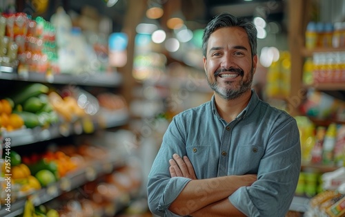 Smiling male shopkeeper proudly stands with crossed arms in his well-stocked grocery store. © tonstock