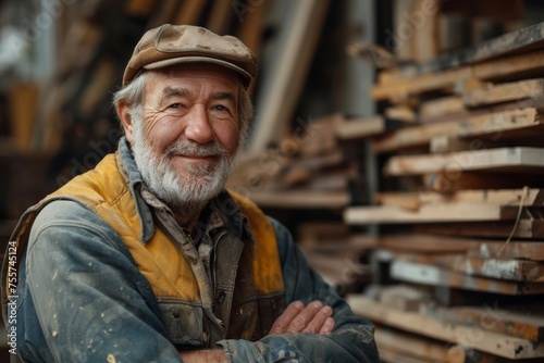 Carpenter with a charming smile poses confidently at his workshop.