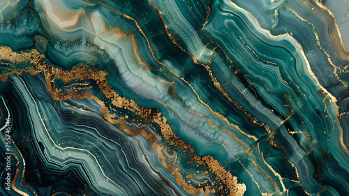 Abstract green marble texture with gold fluid