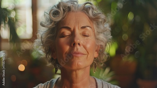 Elderly lady meditates at home, using deep breaths to relax and focus, finding inner peace through mindful pranayama.