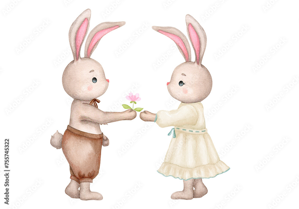 Fototapeta premium Composition with cute bunnies. Boy and girl. Love and friendship. Children's illustration in retro style. Baby shower, Birthday, Valentine's Day. Clipart for print, invitation, poster, greeting card.