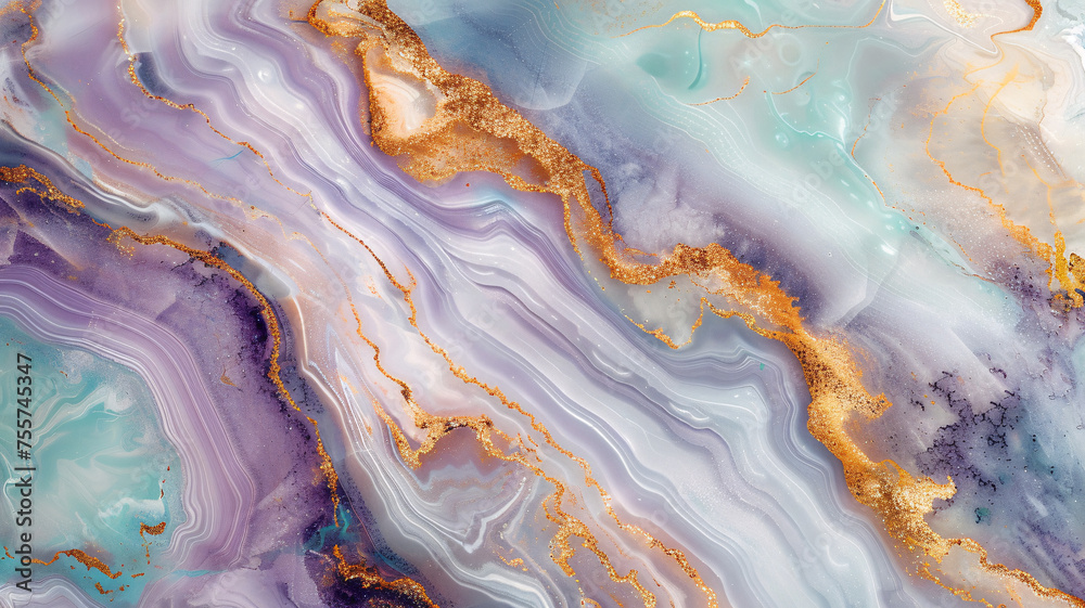 Abstract gold luid  marbling textured background in violet and turquoise color