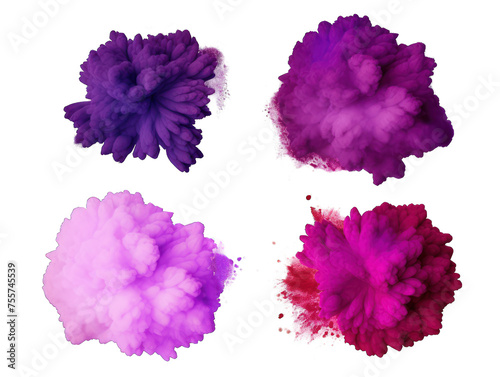 Set of purple paint color powder festival explosion burst isolated on transparent background, transparency image, removed background