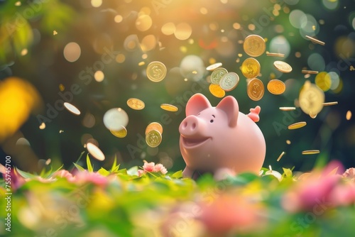 The happy piggy bank is full of coins and the coins are flying out in the green garden. Financial concept