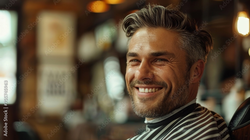 Satisfied customer smiling in salon chair, sporting a stylish fresh cut from skilled barber Satisfied customer smiling in salon chair, sporting a stylish fresh cut from skilled barber