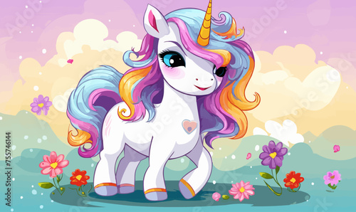 Cute baby unicorn, design colorful fantasy vector illustration