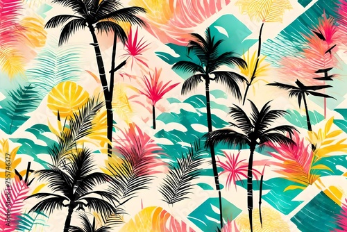 watercolor and ink colorful plamtrees pattern background