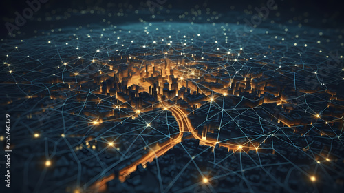 City plan with glowing city map and infrastructure grid, city map illustration photo