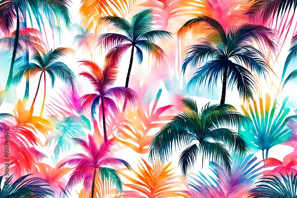 watercolor  colorful plamtrees pattern background