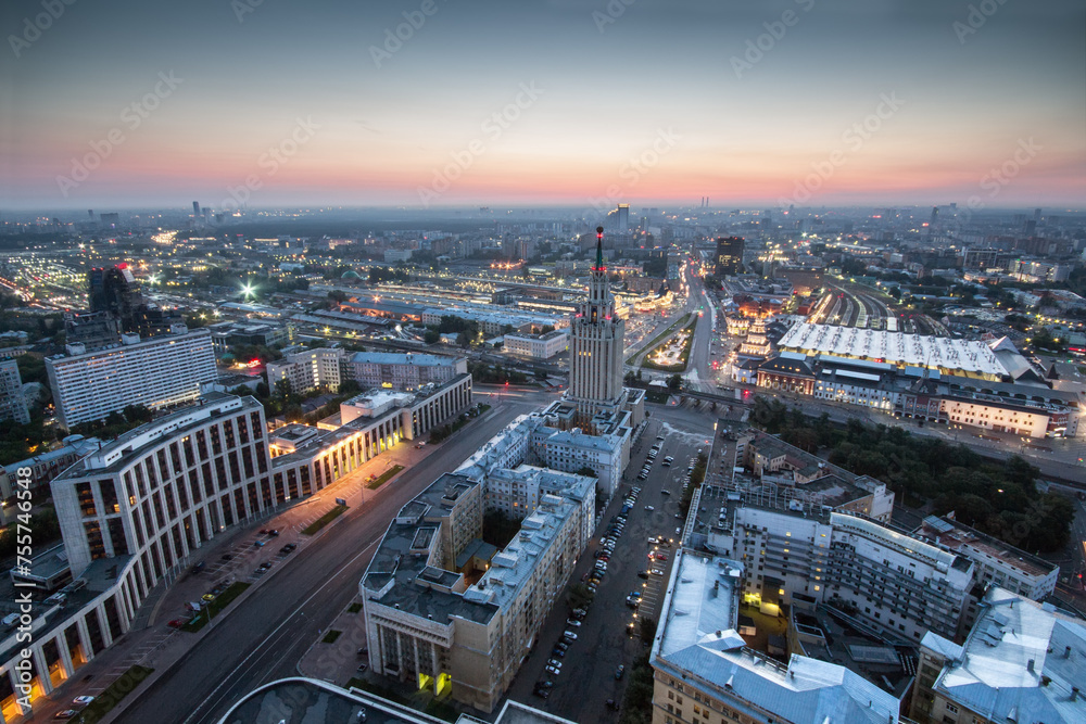 View from Business Center Domnikov to Leningradskaya hotel in evening Moscow, Russia