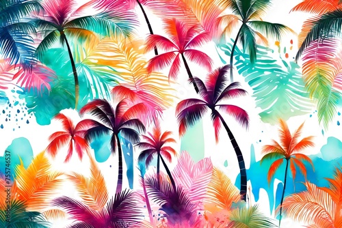 watercolor  colorful plamtrees pattern background photo