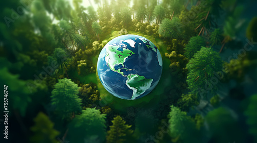 The green earth in the middle of the green forest represents nature  shows love for nature and protects the environment