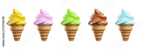 Ice cream in wafer cone realistic 3D vector icons set, soft serve different colors ice cream in wafer style cone dessert