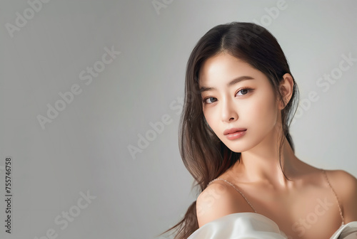 Studio shot of a Beautiful asian idol girl with healthy skin looking at the camera. Natural makeup of a beautiful model with copy space. Cosmetic concept. 
 photo