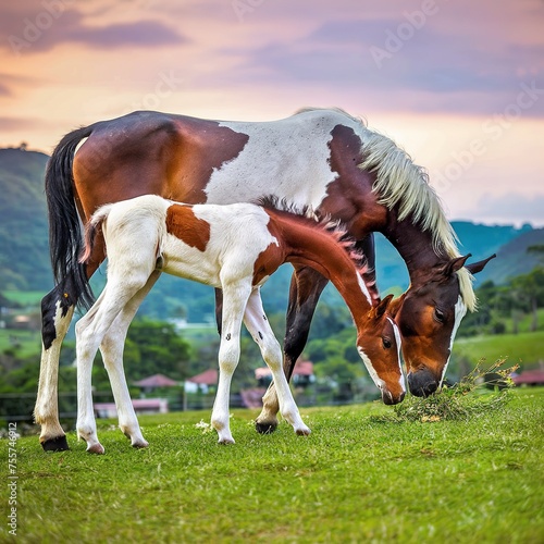 Mare and foal with white brown graze in a meadow of Thailand