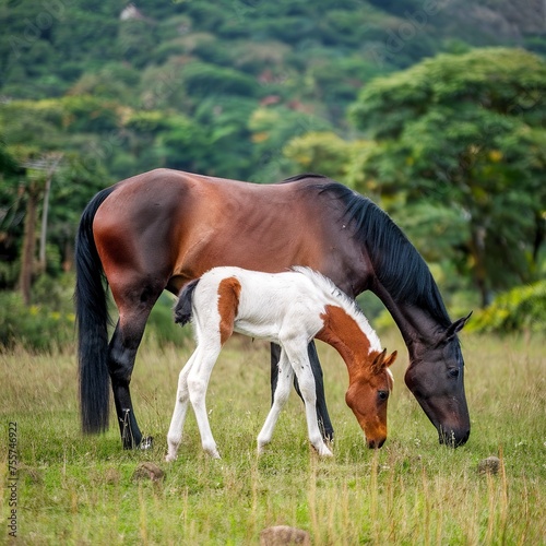 Mare and foal with white brown graze in a meadow of Thailand
