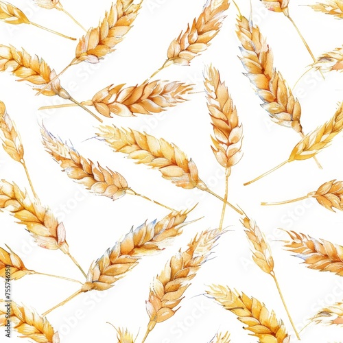 Seamless pattern of watercolor wheat ears on white, artistic representation of harvest and organic farming, suitable for backgrounds and textures.