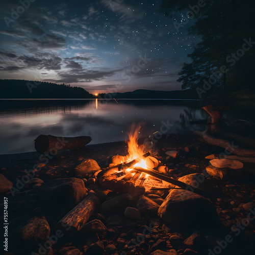 A peaceful lakeside campfire at night.