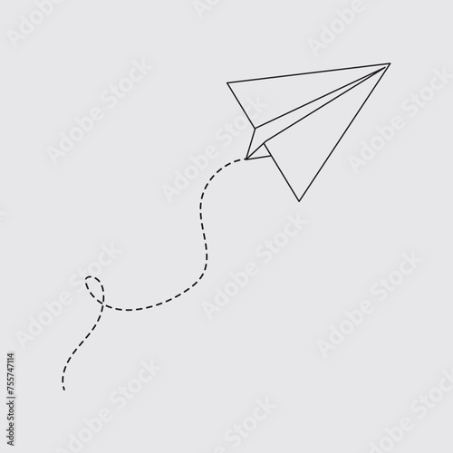 Paper plane with dotted line, Origami paper airplane, Travel symbol, vector illustration. Isolated. Outline. Hand drawn doodle airplane. Black linear paper plane icon eps 10.