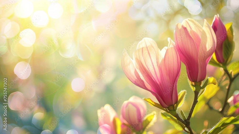 Delicate pink magnolia flowers in bloom, soft focus background with light bokeh, symbolizing spring and renewal.