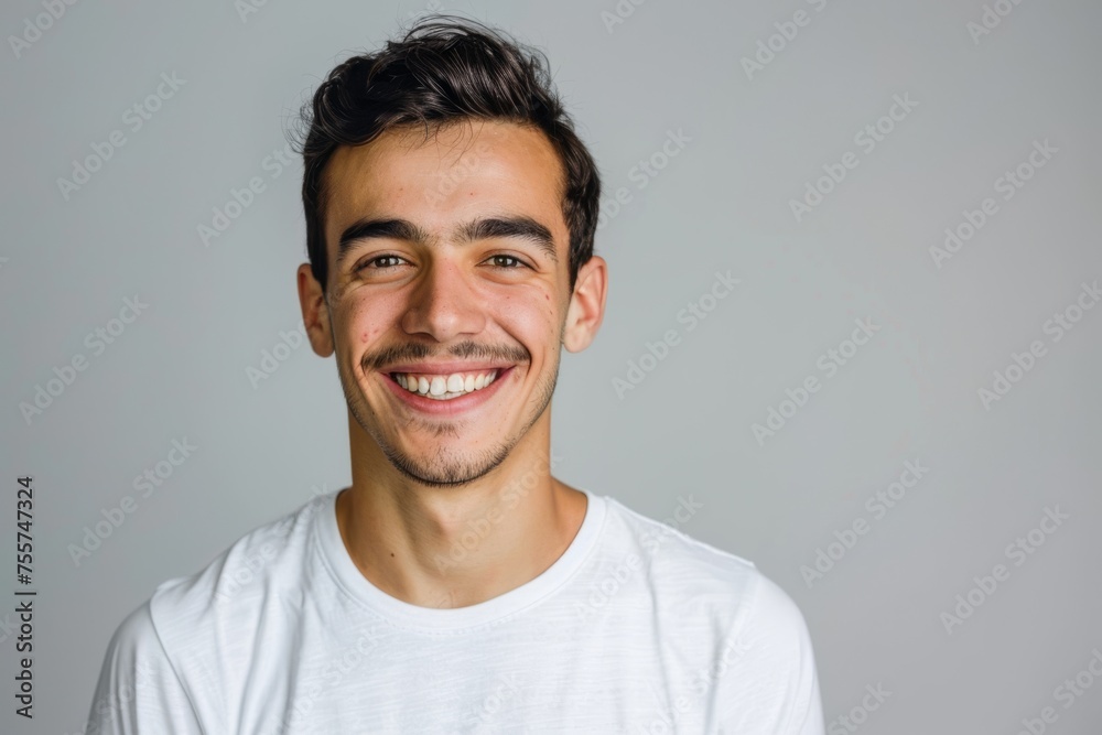 Joyful young man smiling widely in a white t-shirt, on a gray background. Suitable for fashion and positive emotion themes. Joyful young man smiling widely in a white t-shirt, on a gray background. Suitable for fashion and positive emotion themes.