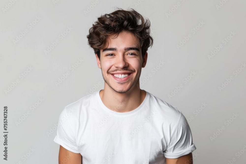 Joyful young man smiling widely in a white t-shirt, on a gray background. Suitable for fashion and positive emotion themes. Joyful young man smiling widely in a white t-shirt, on a gray background. Suitable for fashion and positive emotion themes.