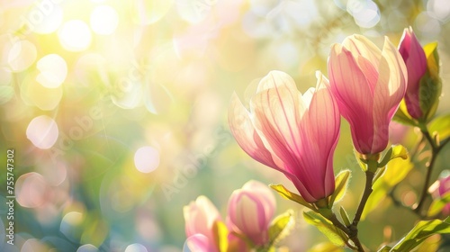 Delicate pink magnolia flowers in bloom  soft focus background with light bokeh  symbolizing spring and renewal.