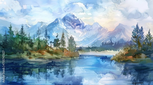 Artistic watercolor landscape featuring a sun-kissed alpine mountain range reflected in the calm waters of a forest-lined lake at sunrise