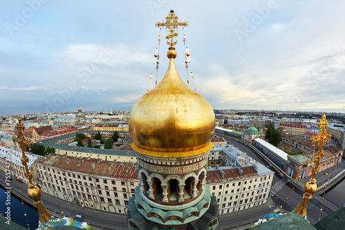 Closeup cupolas and crosses of Church of Our Saviour on Spilled Blood or Resurrection of Christ Spas-na-krovi in Saint-Petersburg. photo