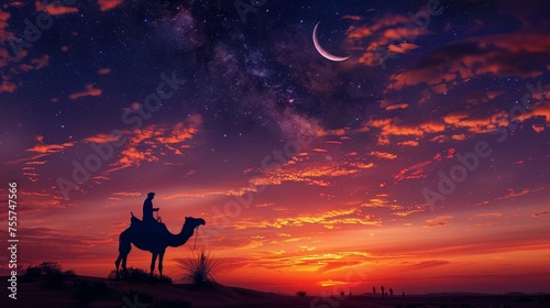 a twilight journey through the desert, this scene shows a lone camel rider traversing the sandy expanse under a magnificent star-studded sky. © Riz
