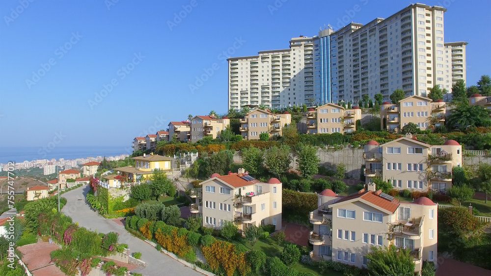 tourism complex at summer sunny day. Aerial view videoframe. tourism complex at summer sunny day. Aerial view videoframe.