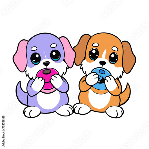 two puppies eating donut vector art illustration