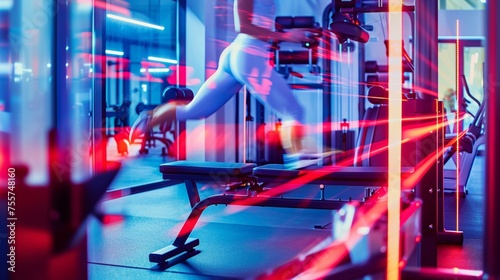 High-energy pilates reformer workout in a neon-lit fitness studio, emphasizing technology-driven exercise and active lifestyle