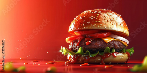 Delicious hamburger with ketchup and cheese on a vibrant red background, tempting fast food concept © SHOTPRIME STUDIO