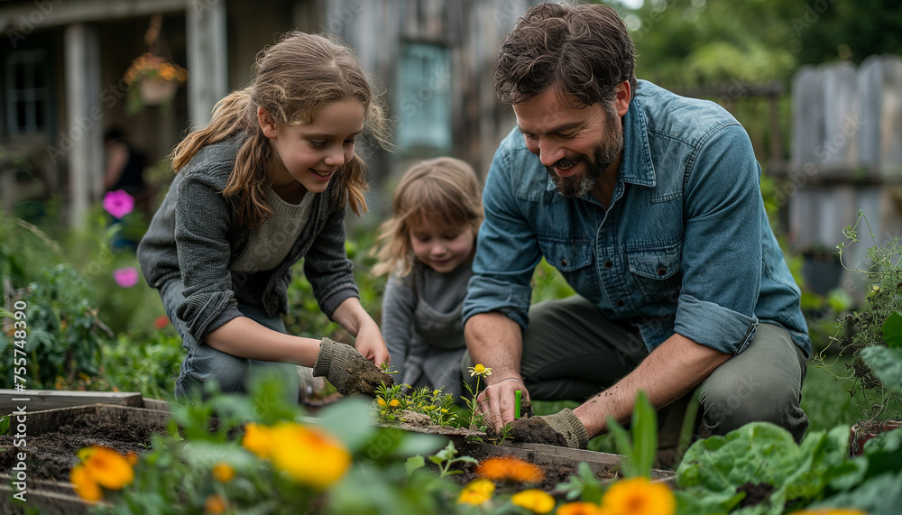 Obraz premium A Family Gathering in Their Backyard Garden: Parents and Children Enjoying Quality Time Outdoors