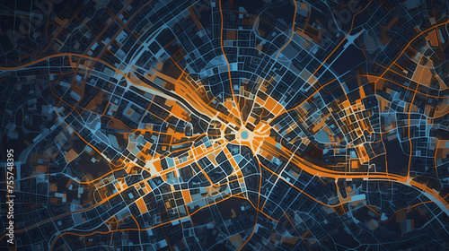 City plan with glowing city map and infrastructure grid, city map illustration