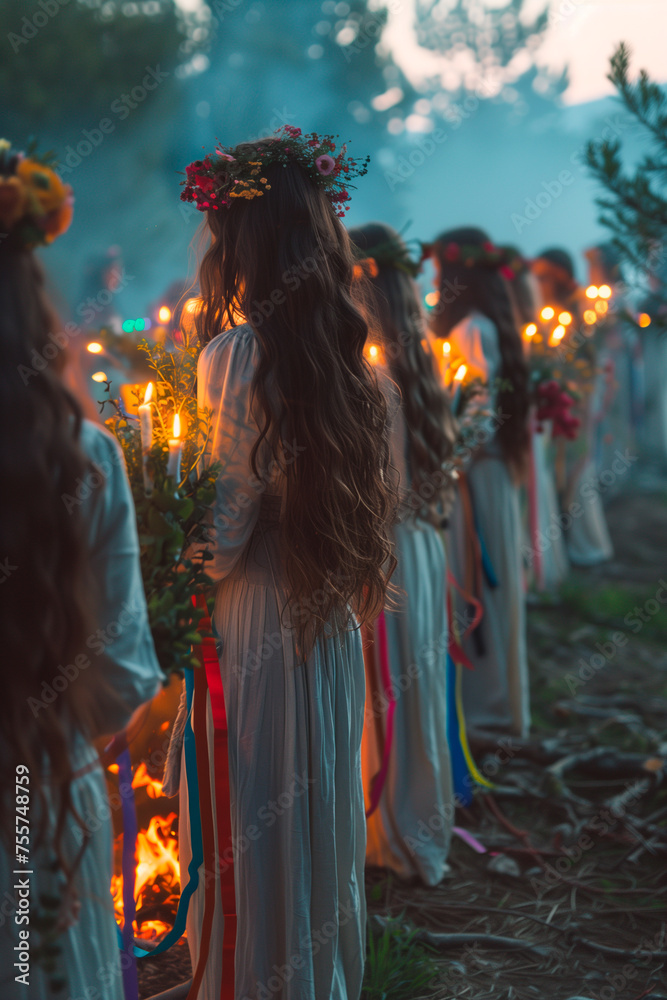 Girls in the forest celebrate the pagan holiday Beltane