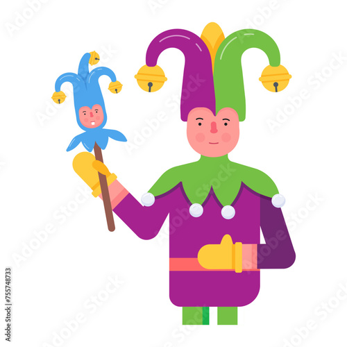 Character in a jester costume, flat icon 