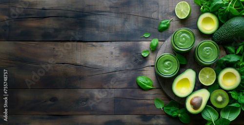 Bright green smoothie with avocado, basil and lime served in a rustic wooden table with space for text. Healthy lifestyle concept