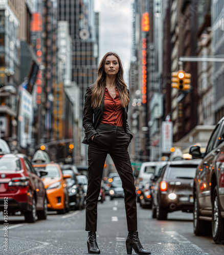 Confident female business executive posing in the middle of a busy street in New York